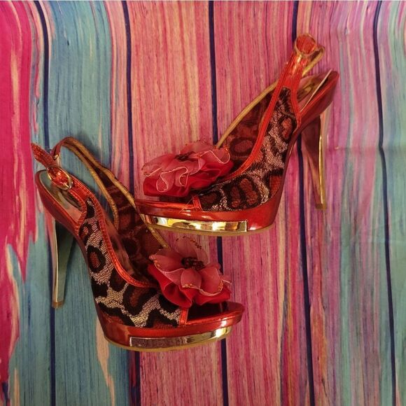 Italina Red and Gold Leopard Print Heels - Picture 1 of 16